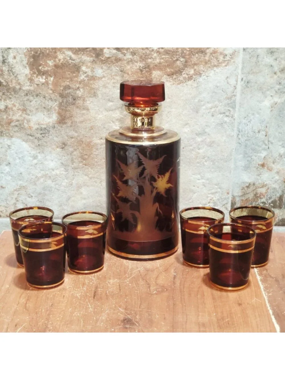 Vintage Bohemian Czech Amber Glass Decanter Etched Deer Stag Motif 24K Gold Trim
